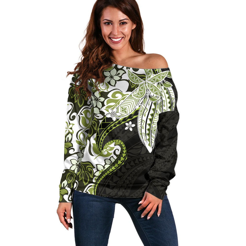 Monstera Plumeria Flowers Olive Green Off Shoulder Sweater Polynesian Pattern LT01 Women Green - Polynesian Pride