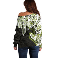 Monstera Plumeria Flowers Olive Green Off Shoulder Sweater Polynesian Pattern LT01 - Polynesian Pride