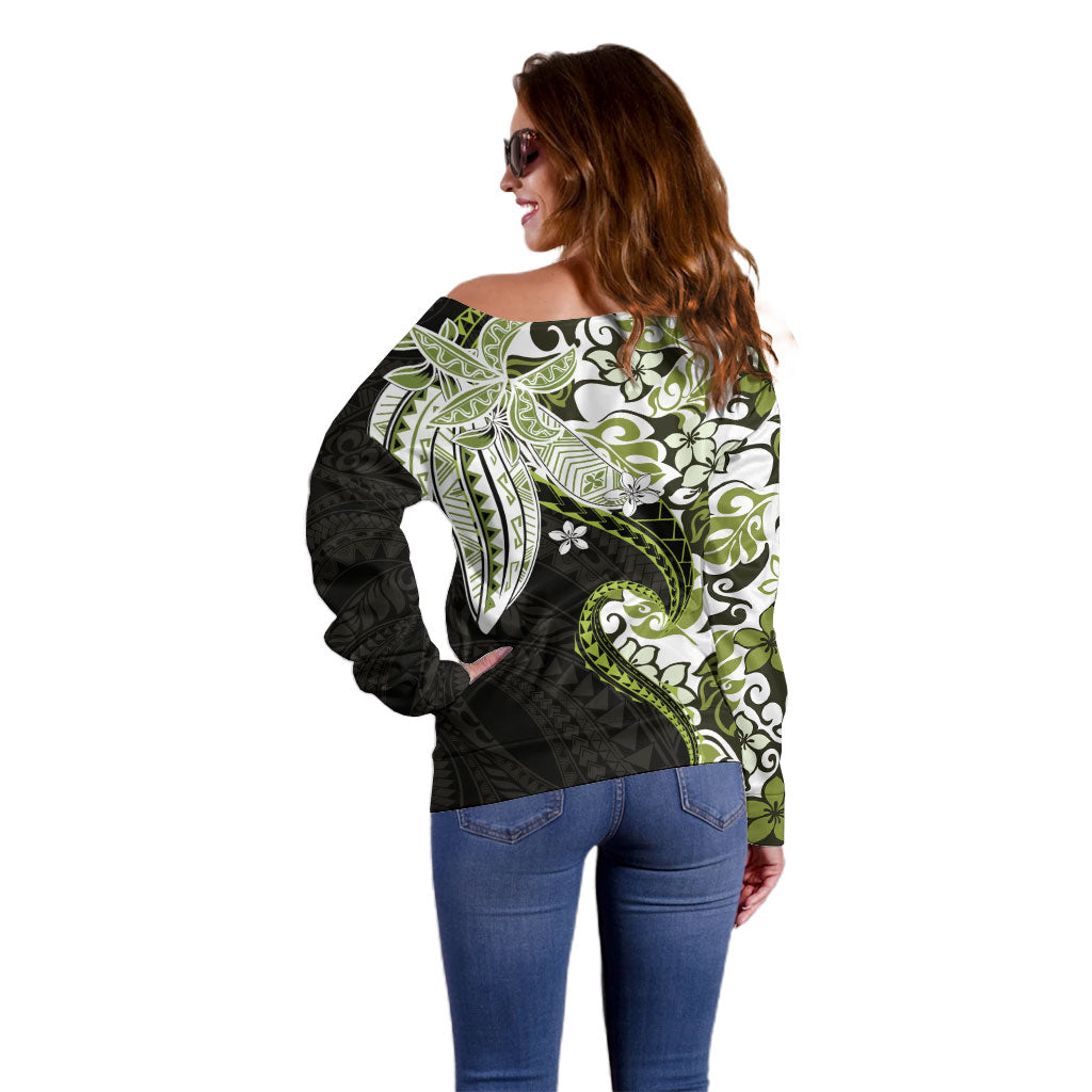 Monstera Plumeria Flowers Olive Green Off Shoulder Sweater Polynesian Pattern LT01 - Polynesian Pride