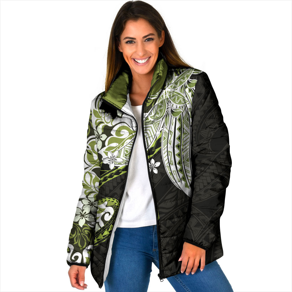 Monstera Plumeria Flowers Olive Green Padded Jacket Polynesian Pattern LT01 Women Green - Polynesian Pride