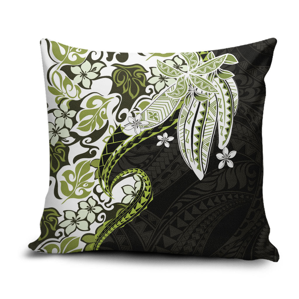 Monstera Plumeria Flowers Olive Green Pillow Cover Polynesian Pattern