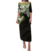 Monstera Plumeria Flowers Olive Green Puletasi Polynesian Pattern LT01 Long Dress Green - Polynesian Pride