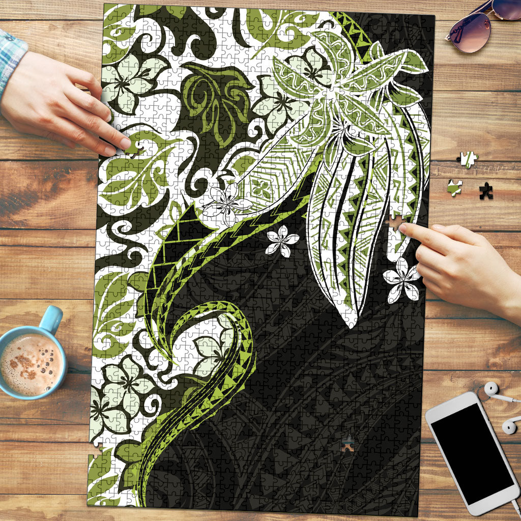 Monstera Plumeria Flowers Olive Green Puzzle Polynesian Pattern LT01 Green - Polynesian Pride