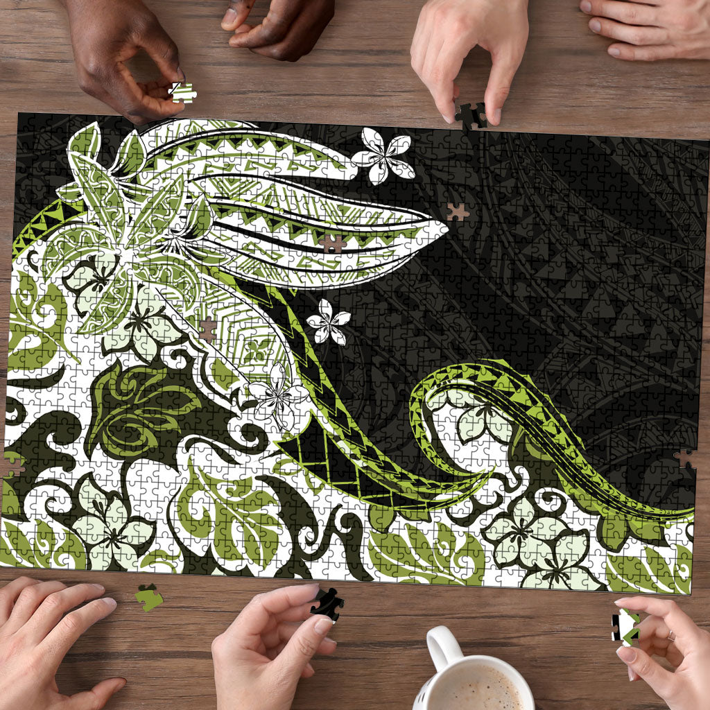 Monstera Plumeria Flowers Olive Green Puzzle Polynesian Pattern LT01 - Polynesian Pride
