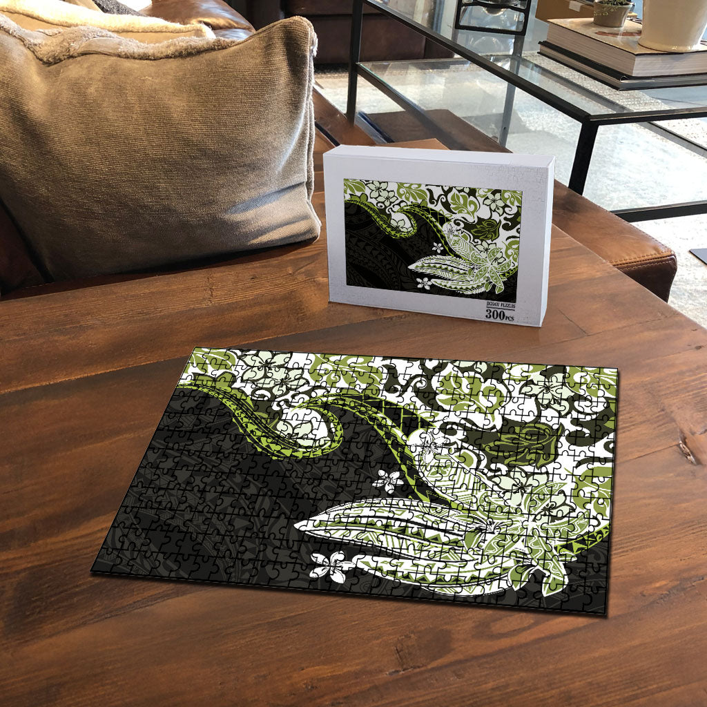 Monstera Plumeria Flowers Olive Green Puzzle Polynesian Pattern LT01 - Polynesian Pride