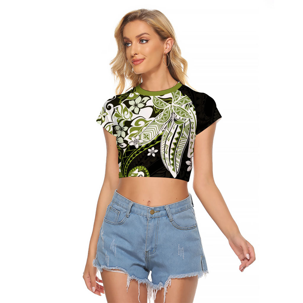 Monstera Plumeria Flowers Olive Green Raglan Cropped T Shirt Polynesian Pattern LT01 Female Green - Polynesian Pride