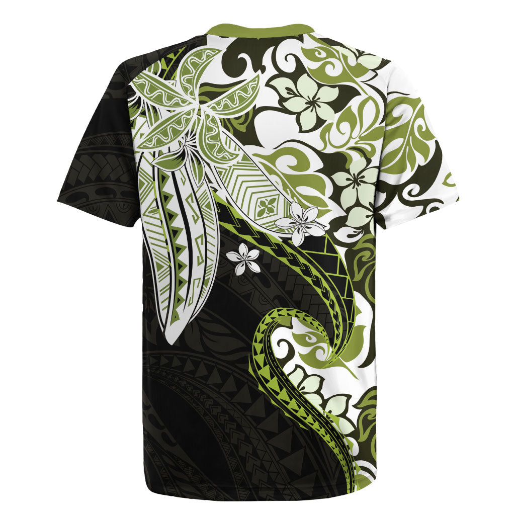 Monstera Plumeria Flowers Olive Green Rugby Jersey Polynesian Pattern LT01 - Polynesian Pride