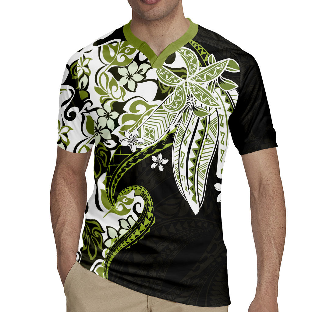 Monstera Plumeria Flowers Olive Green Rugby Jersey Polynesian Pattern LT01 - Polynesian Pride