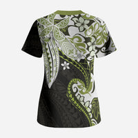 Monstera Plumeria Flowers Olive Green Scrub Top Polynesian Pattern LT01 - Polynesian Pride