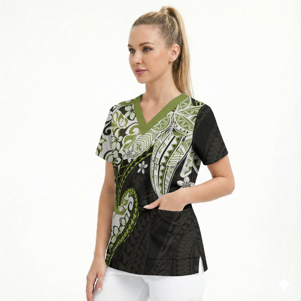 Monstera Plumeria Flowers Olive Green Scrub Top Polynesian Pattern LT01 - Polynesian Pride