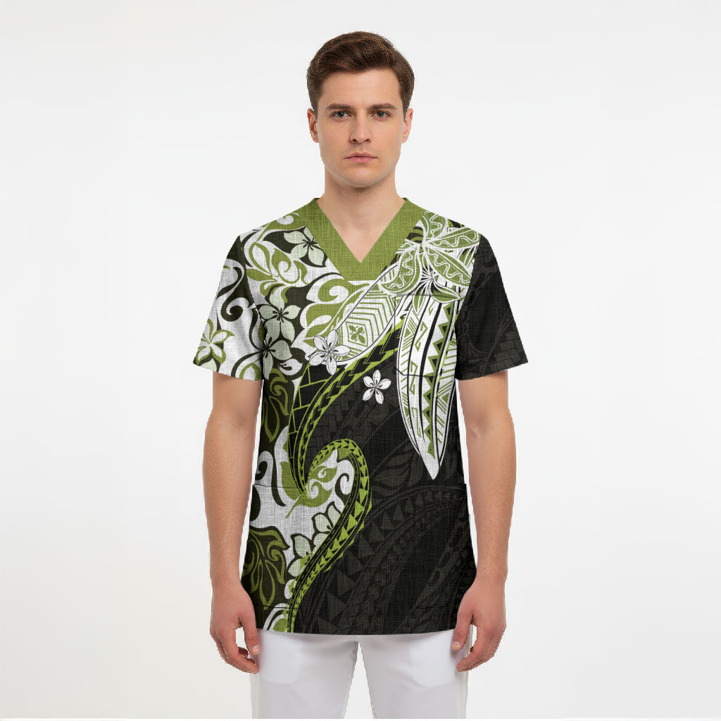 Monstera Plumeria Flowers Olive Green Scrub Top Polynesian Pattern LT01 - Polynesian Pride