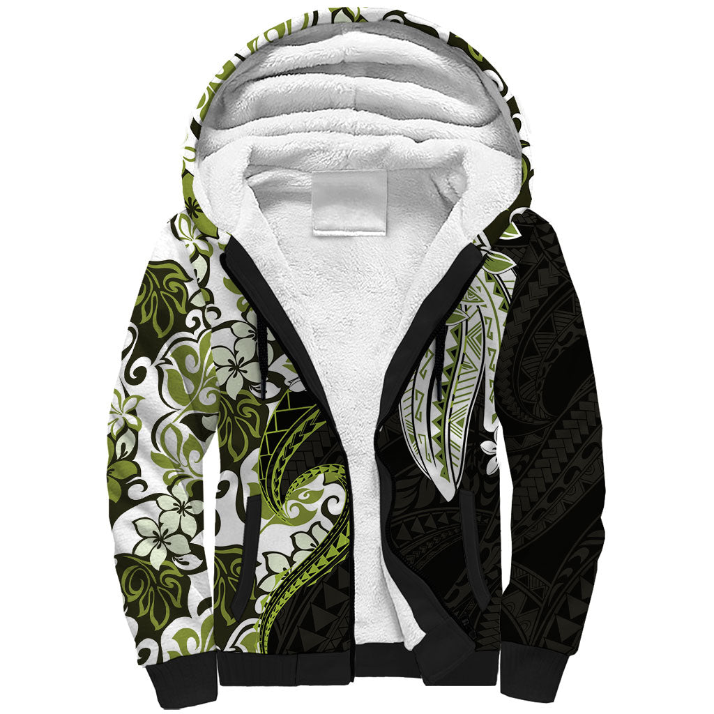 Monstera Plumeria Flowers Olive Green Sherpa Hoodie Polynesian Pattern LT01 Unisex Green - Polynesian Pride