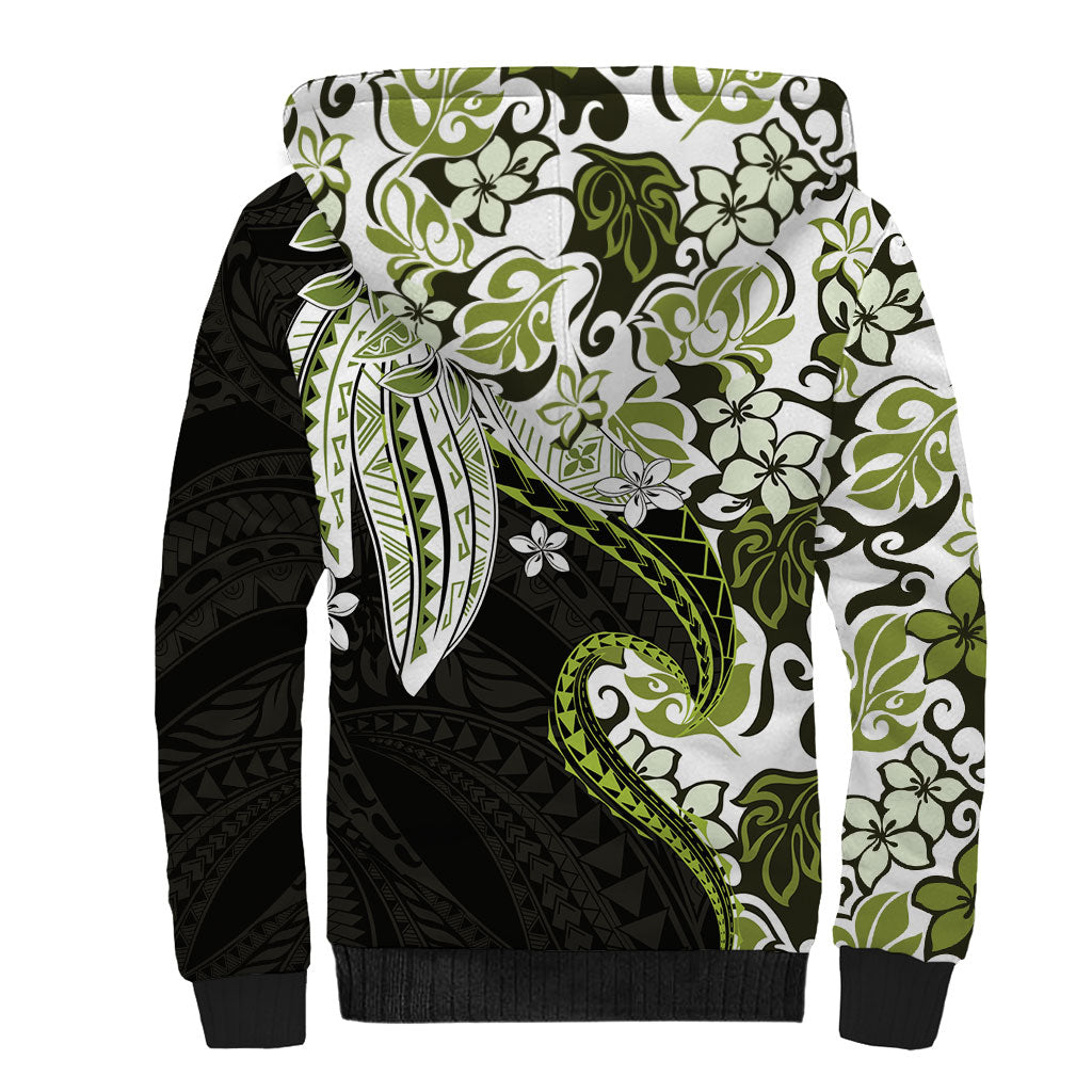 Monstera Plumeria Flowers Olive Green Sherpa Hoodie Polynesian Pattern LT01 - Polynesian Pride