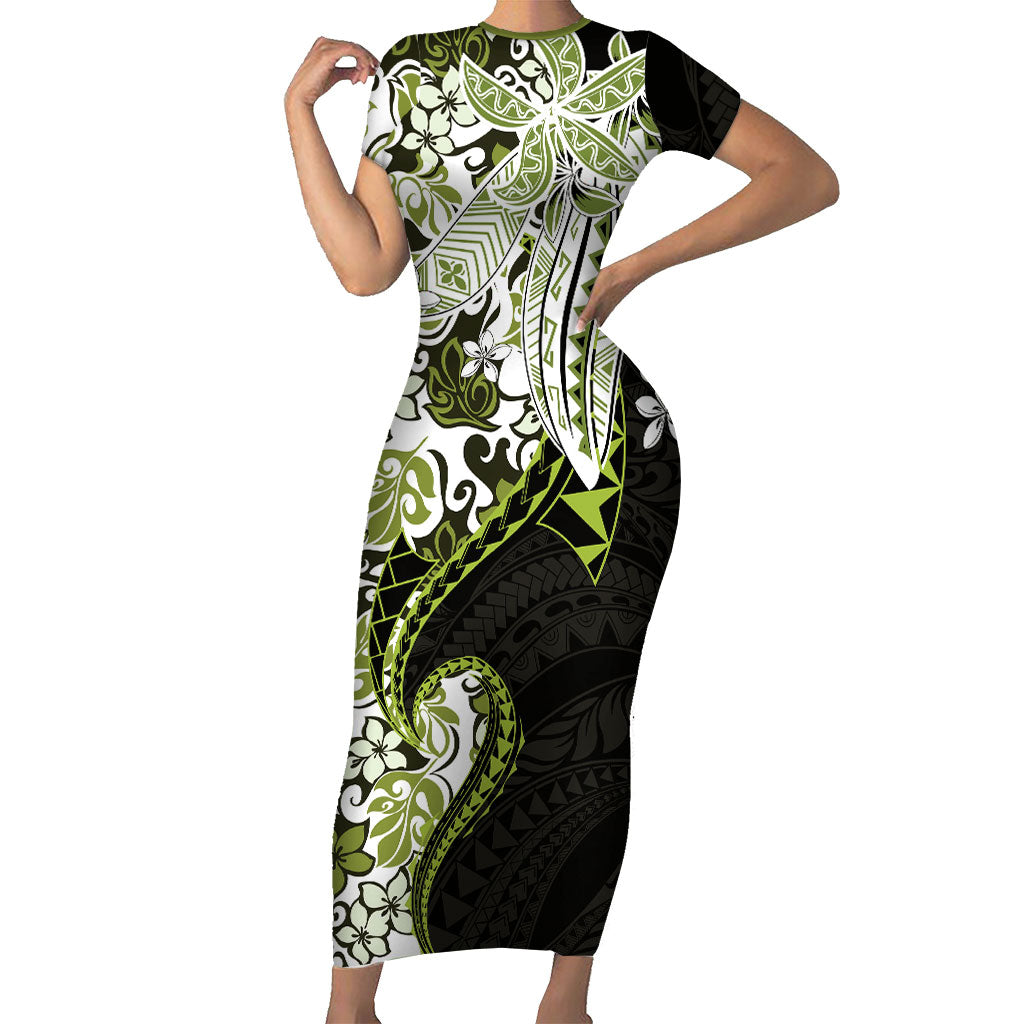 Monstera Plumeria Flowers Olive Green Short Sleeve Bodycon Dress Polynesian Pattern LT01 Long Dress Green - Polynesian Pride