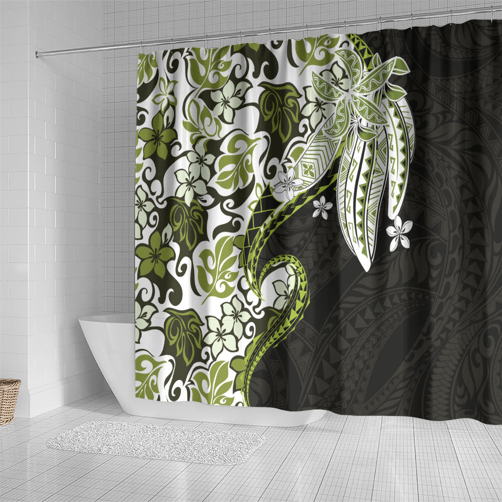 Monstera Plumeria Flowers Olive Green Shower Curtain Polynesian Pattern LT01 - Polynesian Pride