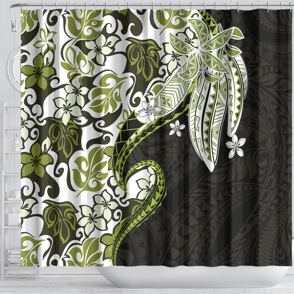Monstera Plumeria Flowers Olive Green Shower Curtain Polynesian Pattern LT01 - Polynesian Pride