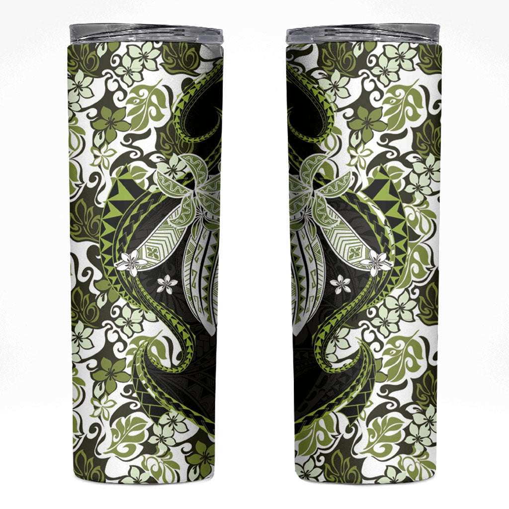 Monstera Plumeria Flowers Olive Green Skinny Tumbler Polynesian Pattern