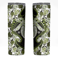Monstera Plumeria Flowers Olive Green Skinny Tumbler Polynesian Pattern