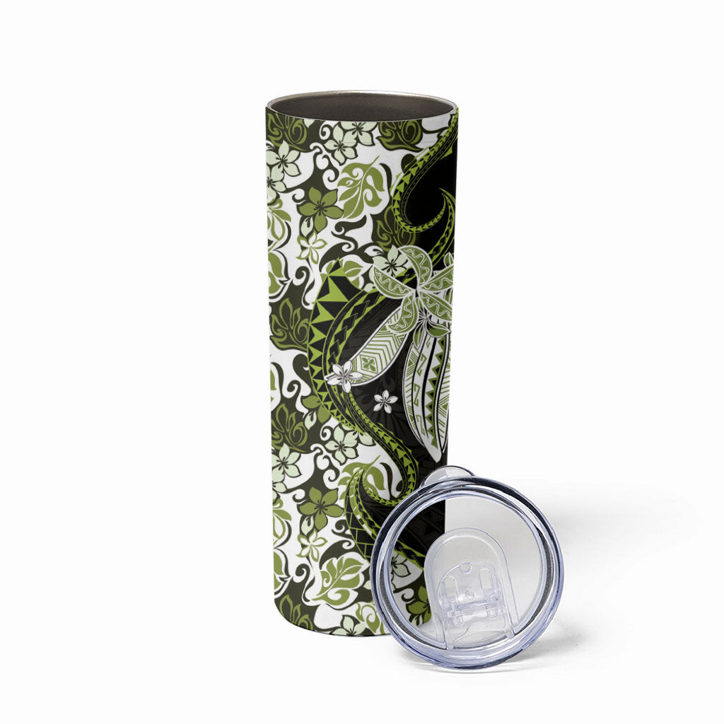 Monstera Plumeria Flowers Olive Green Skinny Tumbler Polynesian Pattern