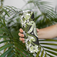 Monstera Plumeria Flowers Olive Green Skinny Tumbler Polynesian Pattern