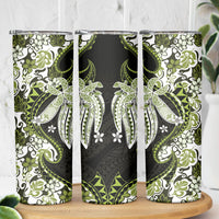 Monstera Plumeria Flowers Olive Green Skinny Tumbler Polynesian Pattern