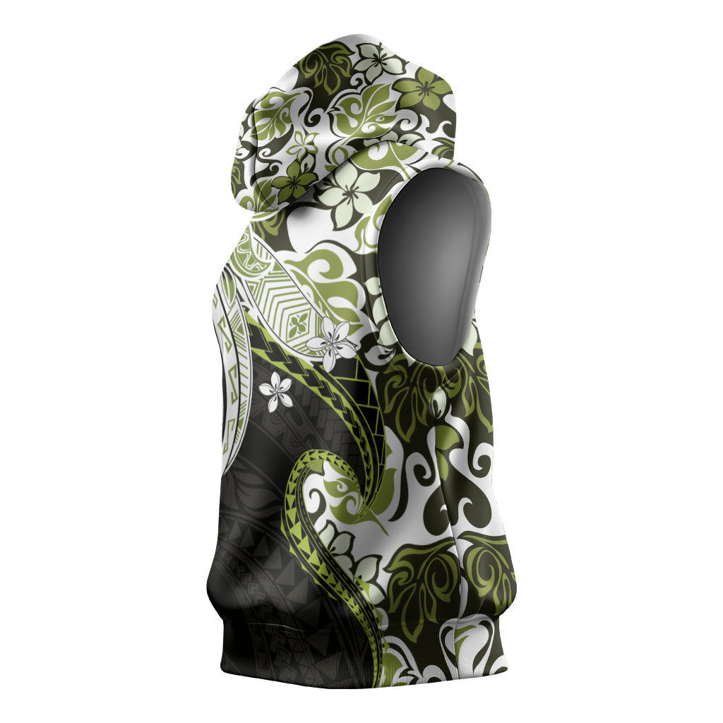 Monstera Plumeria Flowers Olive Green Sleeveless Hoodie Polynesian Pattern LT01 - Polynesian Pride