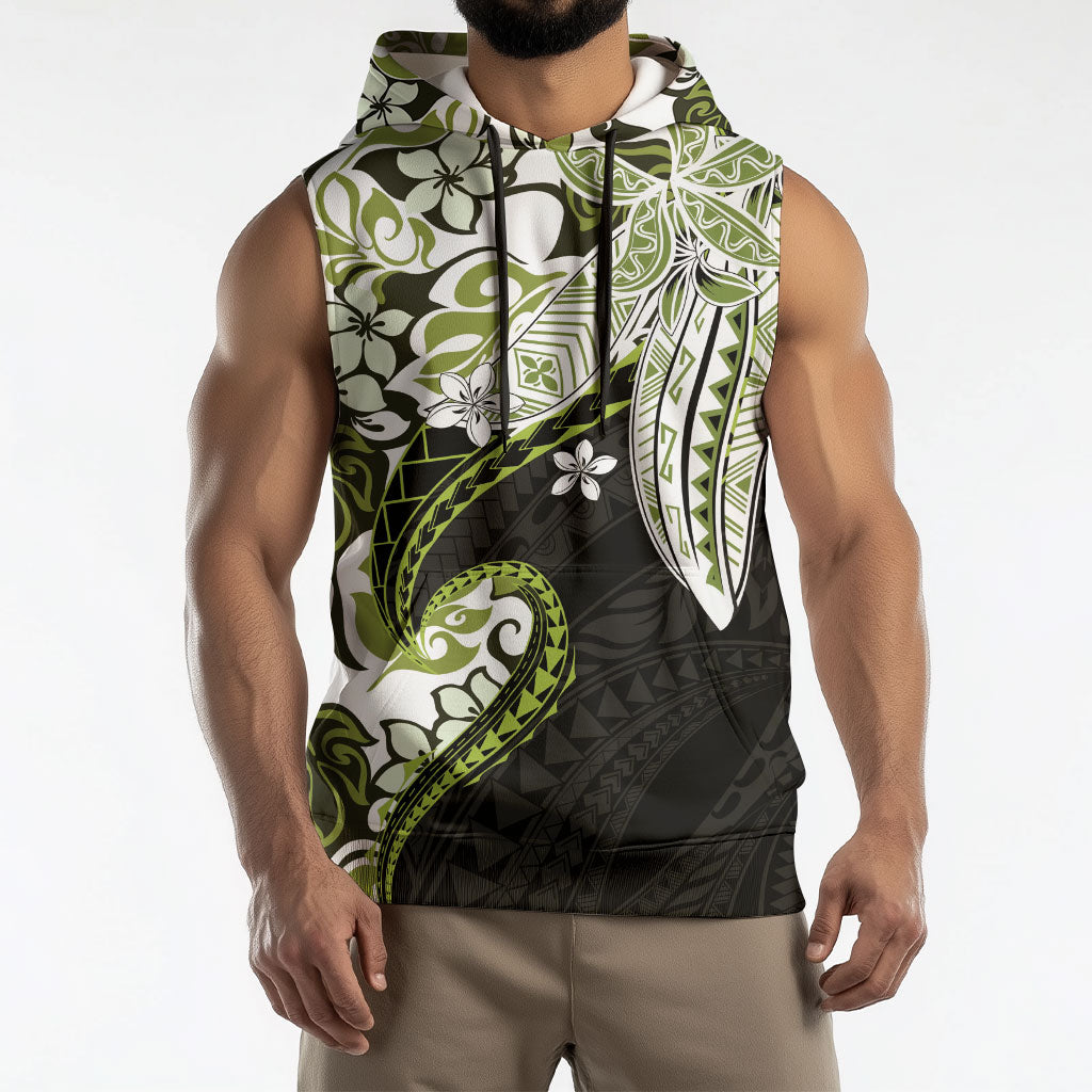 Monstera Plumeria Flowers Olive Green Sleeveless Hoodie Polynesian Pattern LT01 - Polynesian Pride