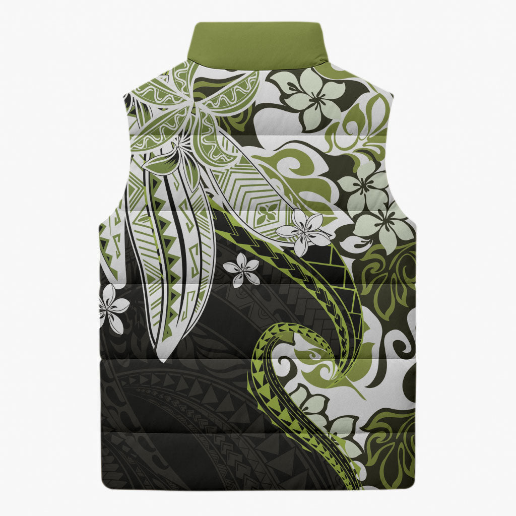 Monstera Plumeria Flowers Olive Green Sleeveless Puffer Jacket Polynesian Pattern LT01 - Polynesian Pride