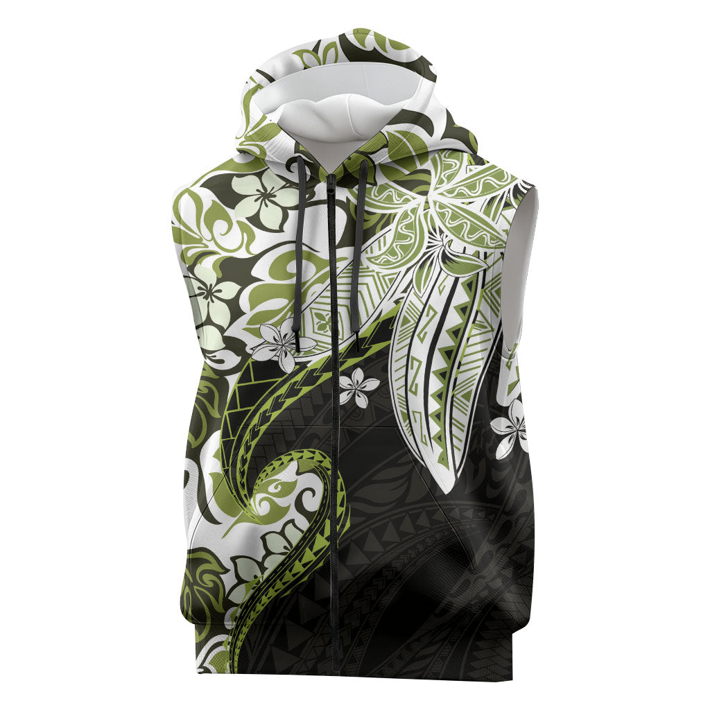 Monstera Plumeria Flowers Olive Green Sleeveless Zip Hoodie Polynesian Pattern LT01 Green - Polynesian Pride