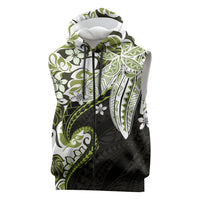 Monstera Plumeria Flowers Olive Green Sleeveless Zip Hoodie Polynesian Pattern LT01 Green - Polynesian Pride