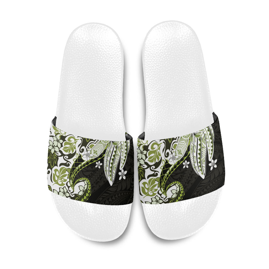 Monstera Plumeria Flowers Olive Green Slide Sandals Polynesian Pattern LT01 Green - Polynesian Pride