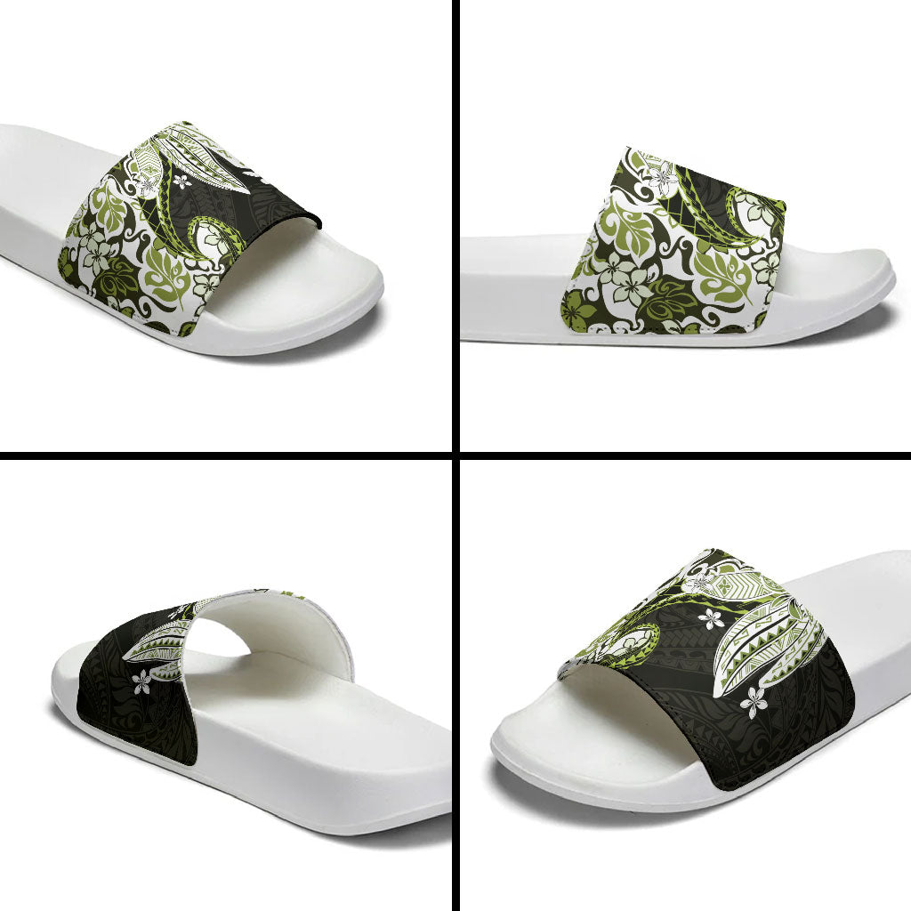 Monstera Plumeria Flowers Olive Green Slide Sandals Polynesian Pattern LT01 - Polynesian Pride