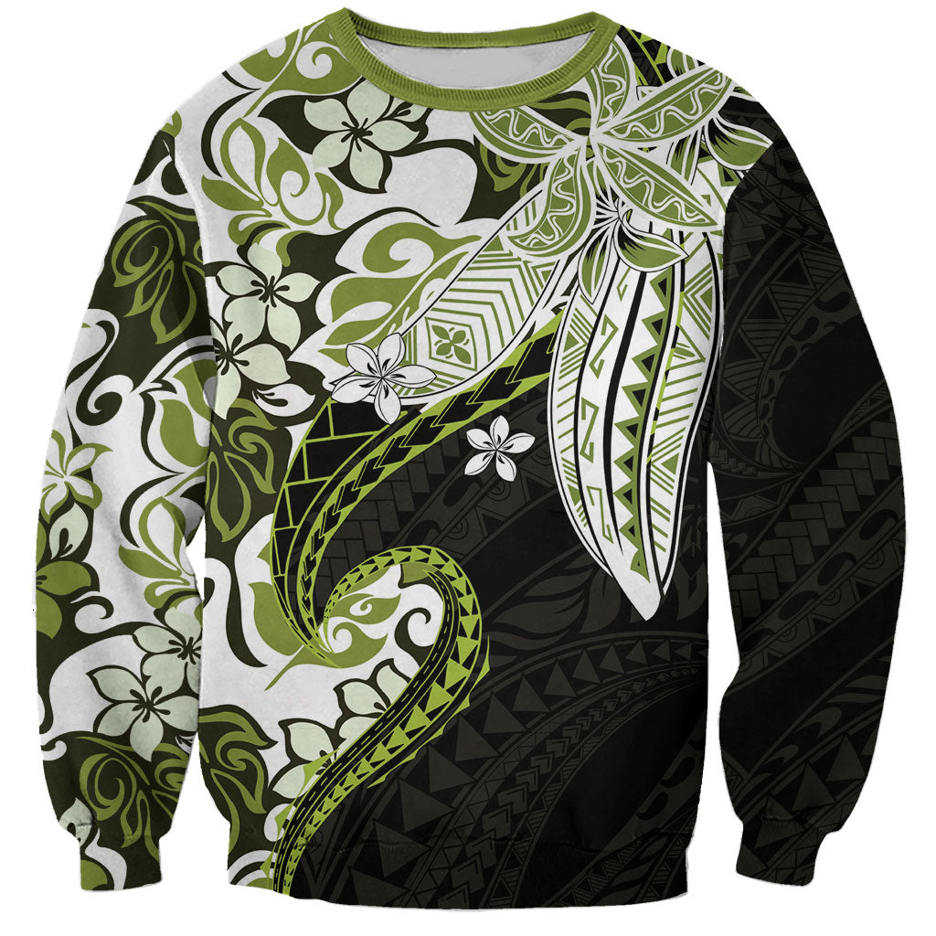 Monstera Plumeria Flowers Olive Green Sweatshirt Polynesian Pattern