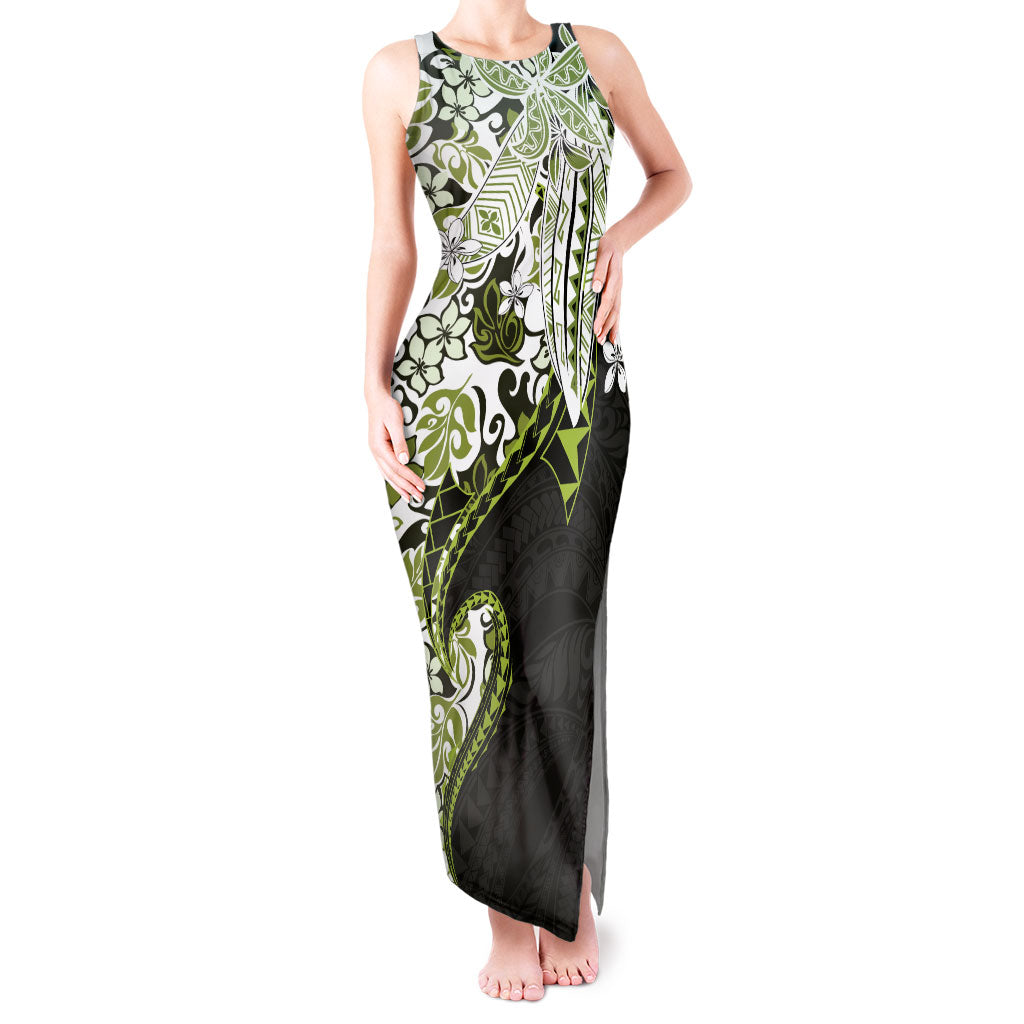 Monstera Plumeria Flowers Olive Green Tank Maxi Dress Polynesian Pattern LT01 Women Green - Polynesian Pride