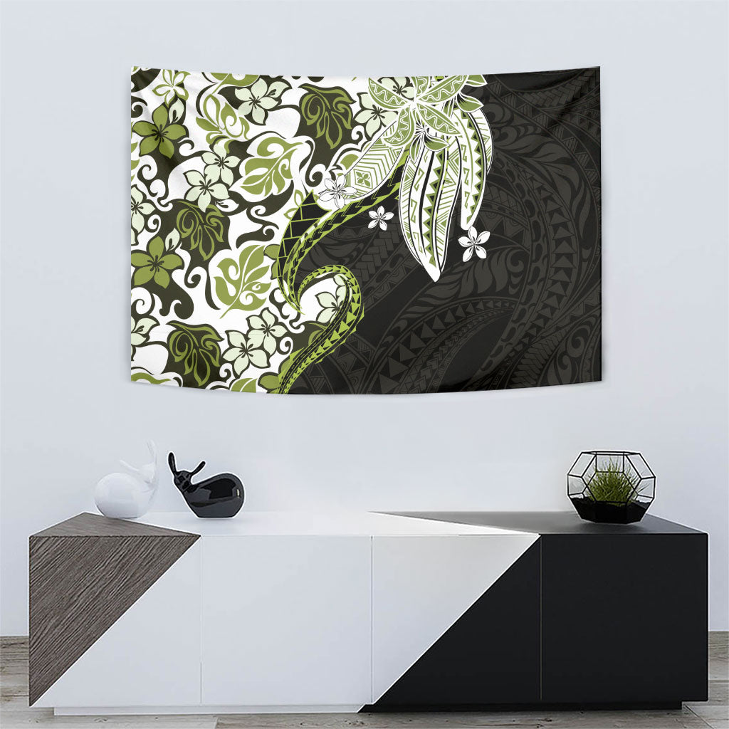 Monstera Plumeria Flowers Olive Green Tapestry Polynesian Pattern LT01 - Polynesian Pride