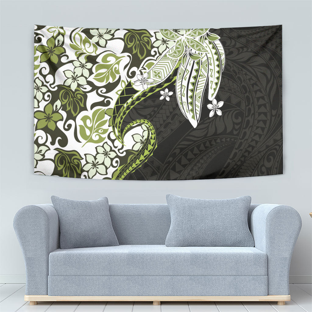 Monstera Plumeria Flowers Olive Green Tapestry Polynesian Pattern LT01 - Polynesian Pride