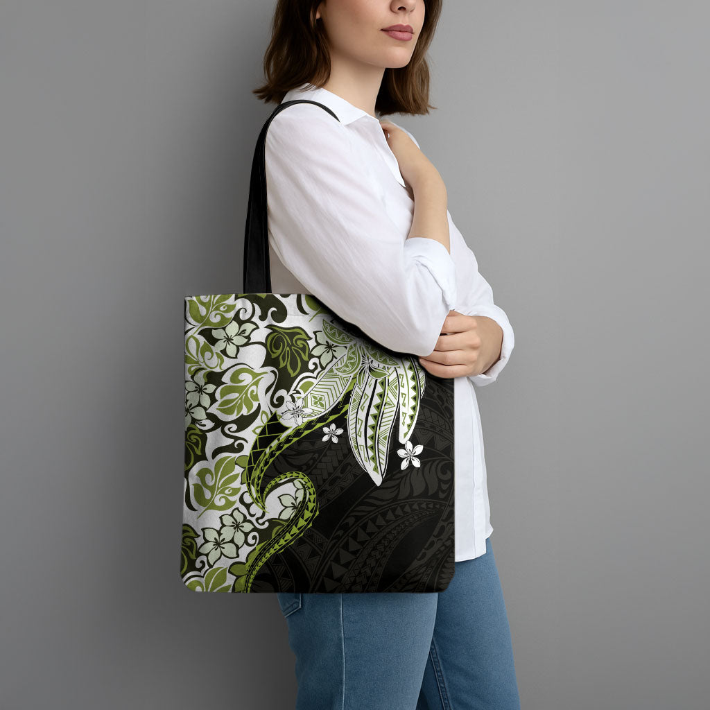 Monstera Plumeria Flowers Olive Green Tote Bag Polynesian Pattern LT01 - Polynesian Pride
