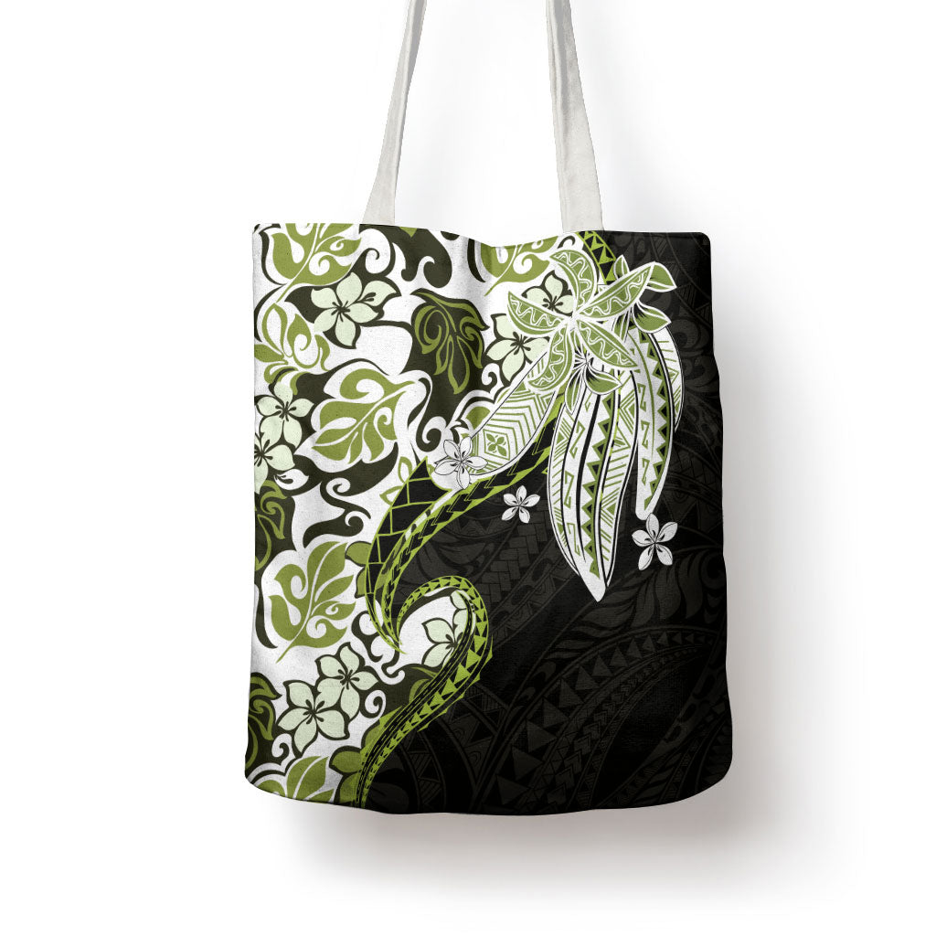 Monstera Plumeria Flowers Olive Green Tote Bag Polynesian Pattern LT01 - Polynesian Pride