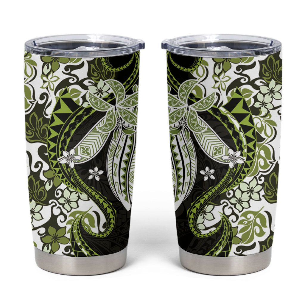 Monstera Plumeria Flowers Olive Green Tumbler Cup Polynesian Pattern LT01 Green - Polynesian Pride