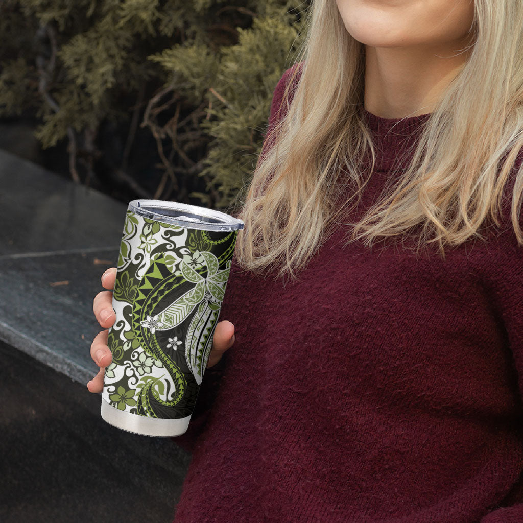 Monstera Plumeria Flowers Olive Green Tumbler Cup Polynesian Pattern LT01 - Polynesian Pride