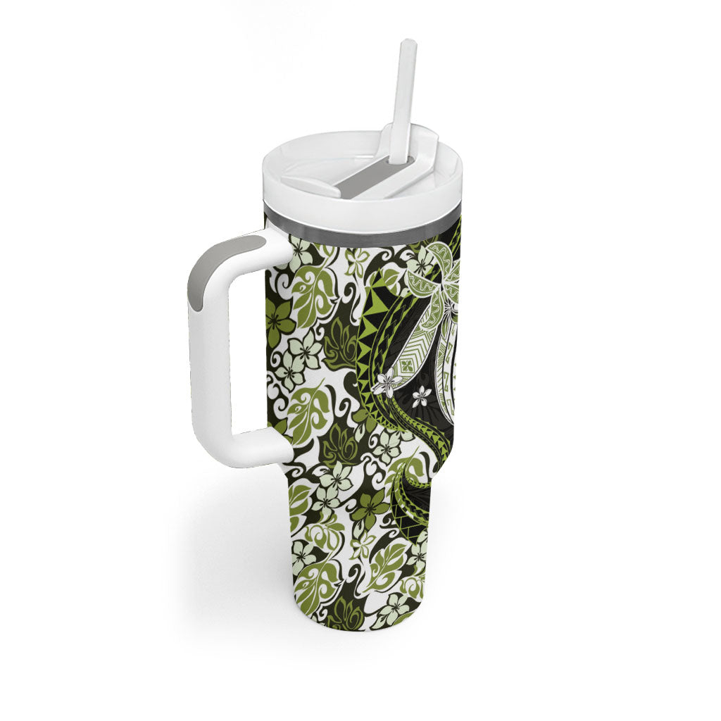 Monstera Plumeria Flowers Olive Green Tumbler With Handle Polynesian Pattern LT01 - Polynesian Pride