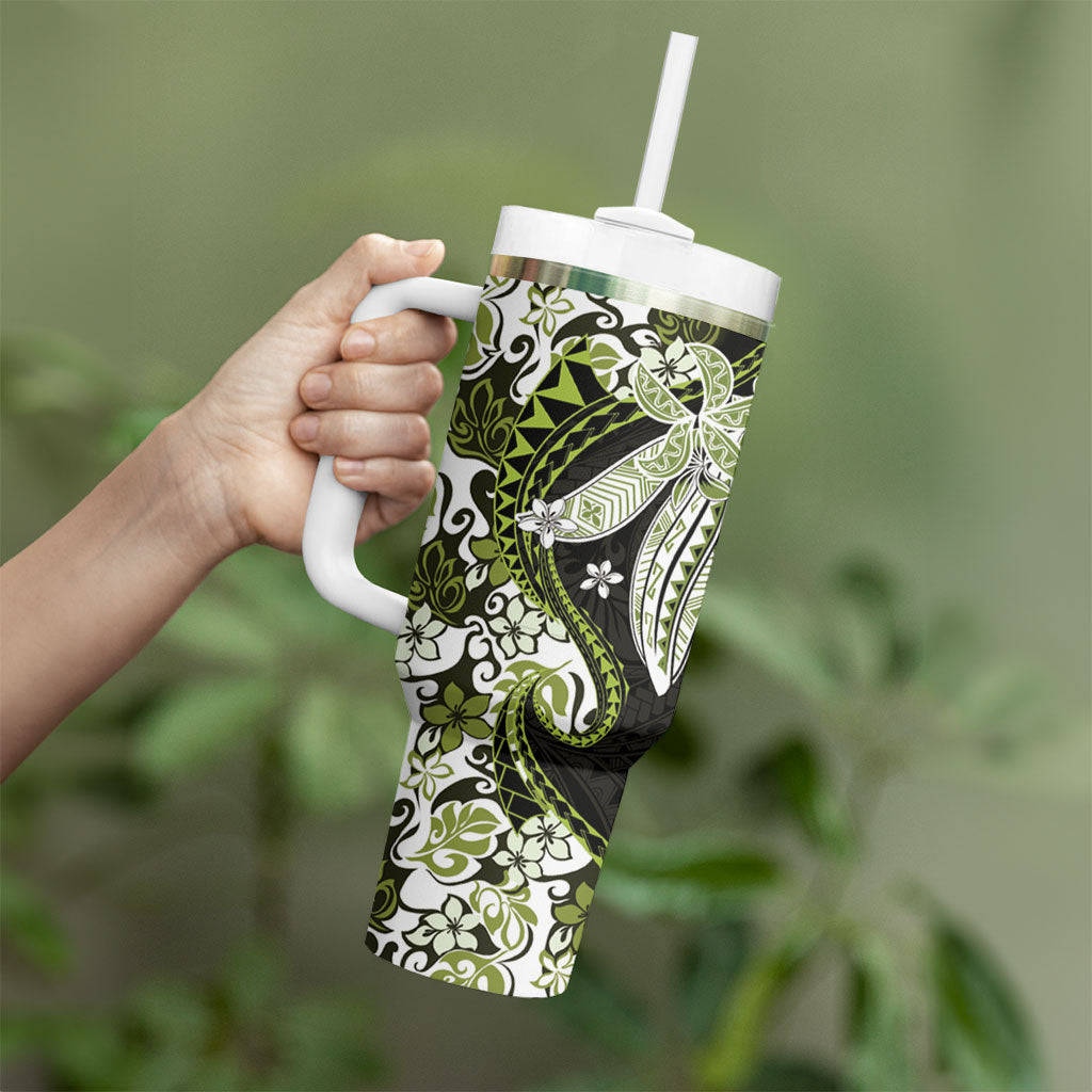 Monstera Plumeria Flowers Olive Green Tumbler With Handle Polynesian Pattern LT01 - Polynesian Pride