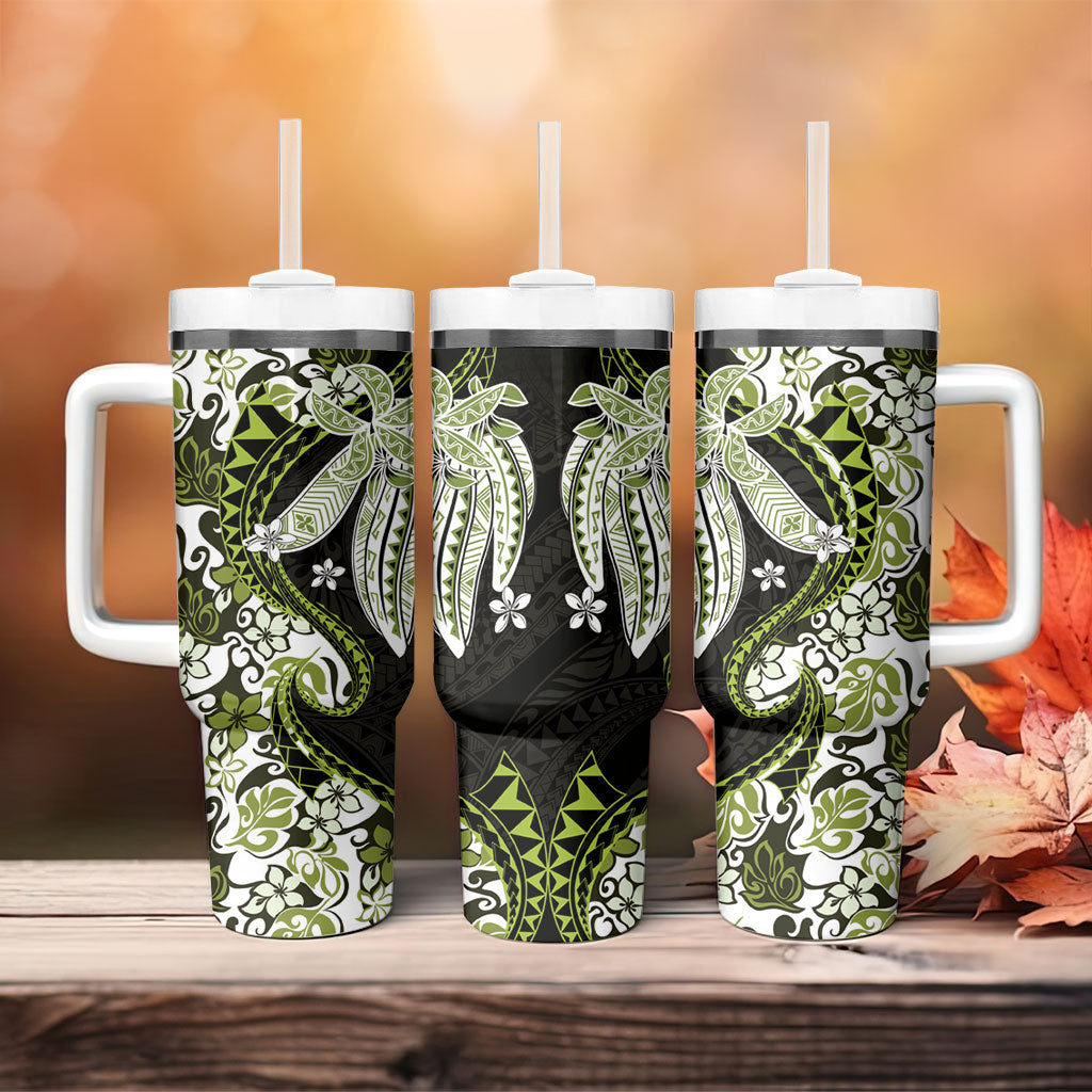 Monstera Plumeria Flowers Olive Green Tumbler With Handle Polynesian Pattern LT01 - Polynesian Pride
