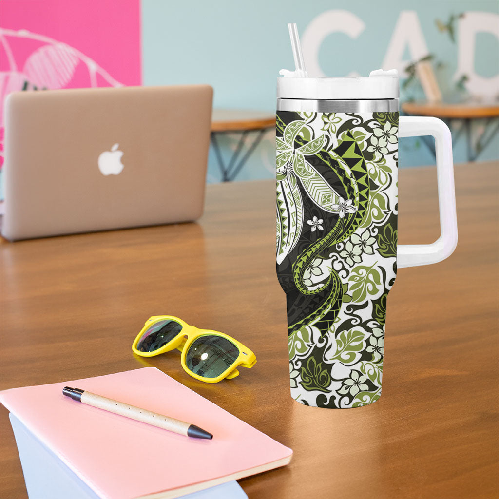 Monstera Plumeria Flowers Olive Green Tumbler With Handle Polynesian Pattern LT01 - Polynesian Pride