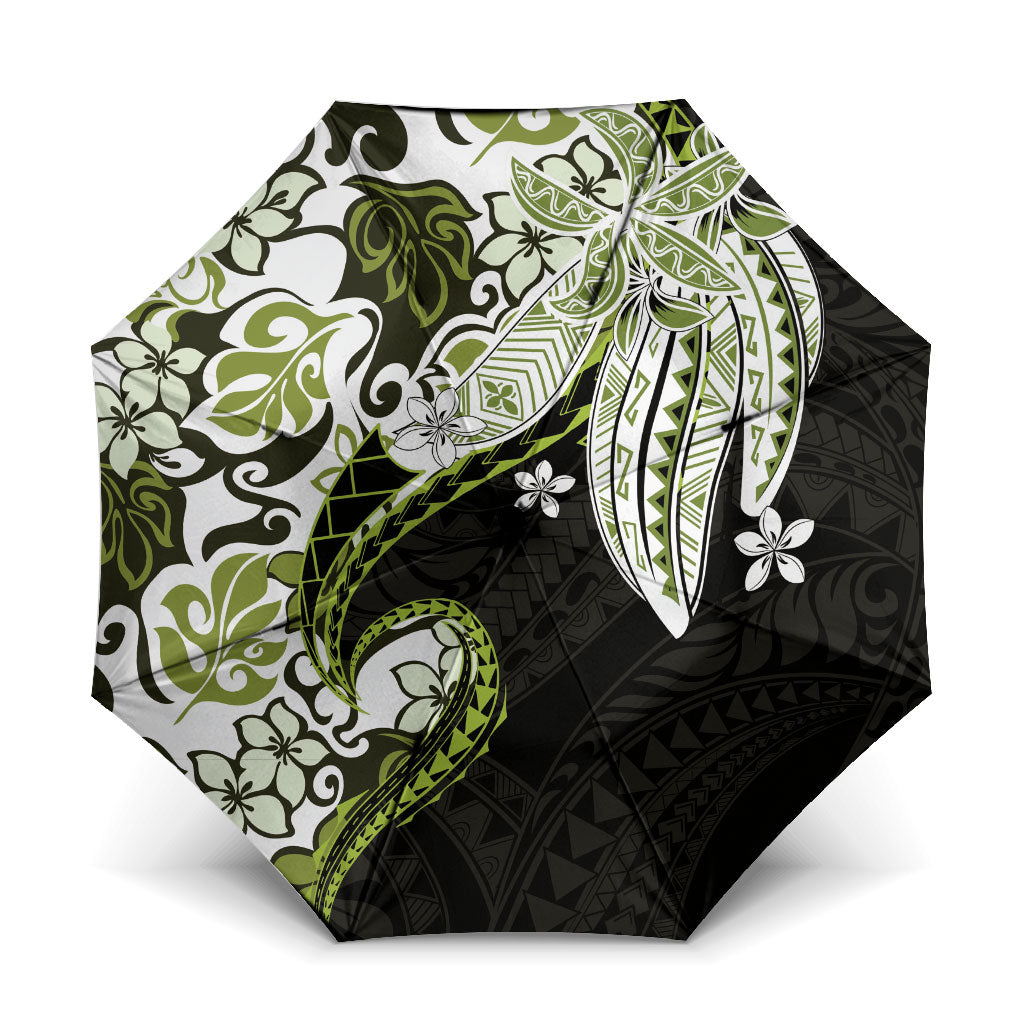 Monstera Plumeria Flowers Olive Green Umbrella Polynesian Pattern LT01 One Size Folded 11.42 inch Opened Diameter 37.4 inch Green - Polynesian Pride