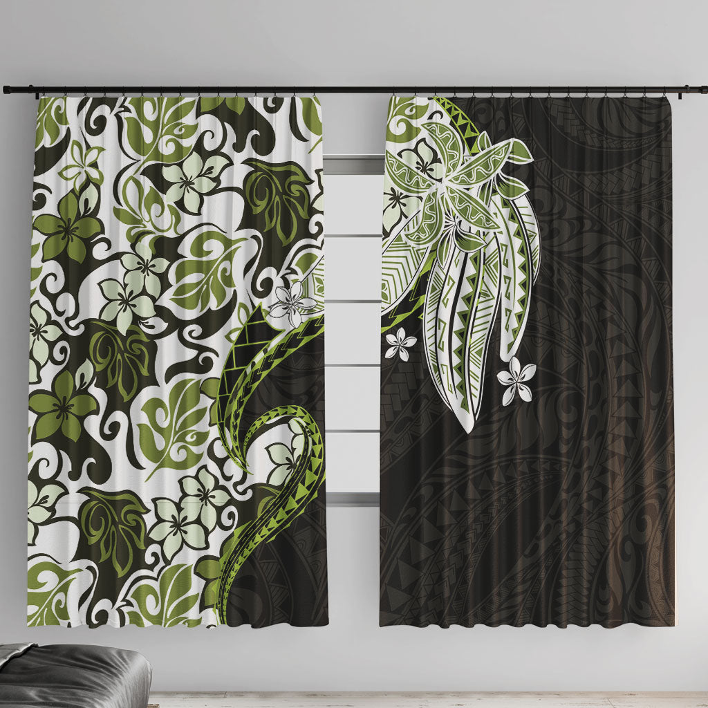 Monstera Plumeria Flowers Olive Green Window Curtain Polynesian Pattern LT01 With Hooks Green - Polynesian Pride