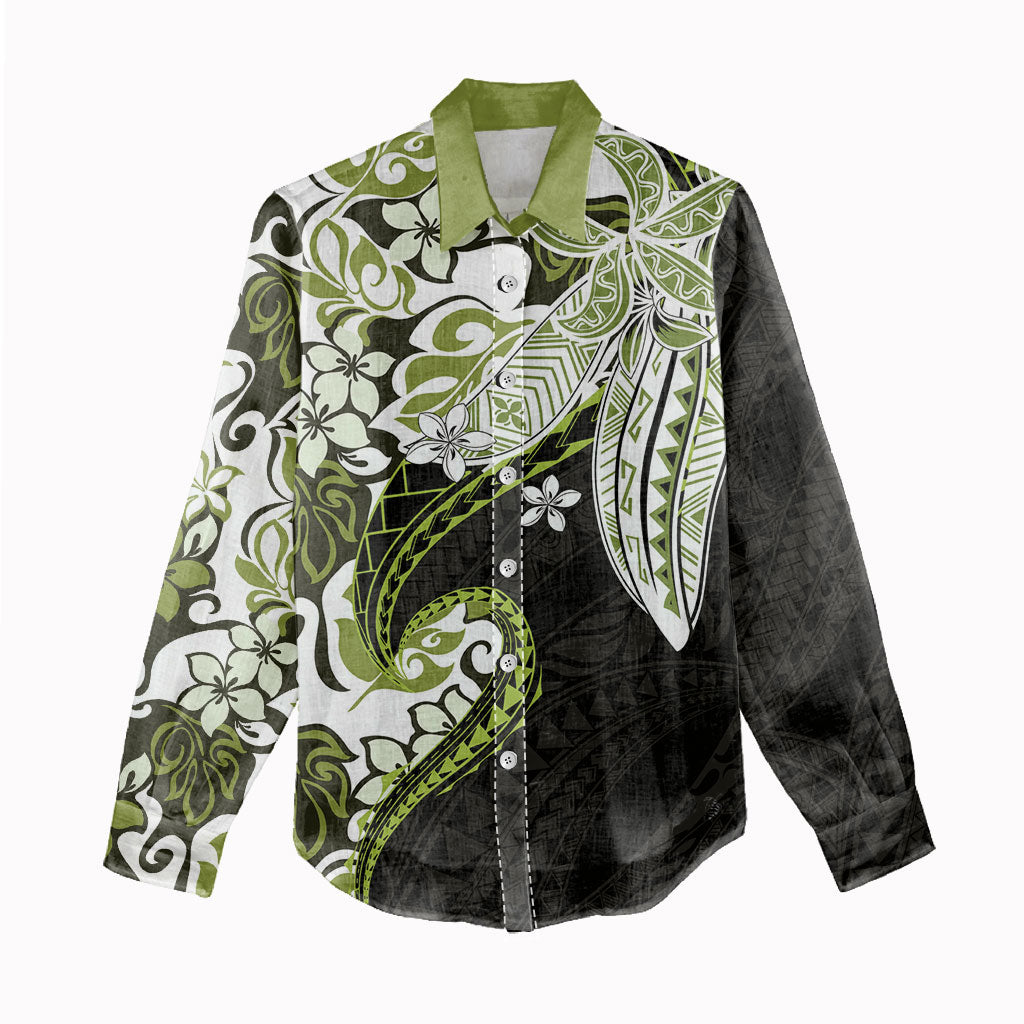 Monstera Plumeria Flowers Olive Green Women Casual Shirt Polynesian Pattern LT01 - Polynesian Pride