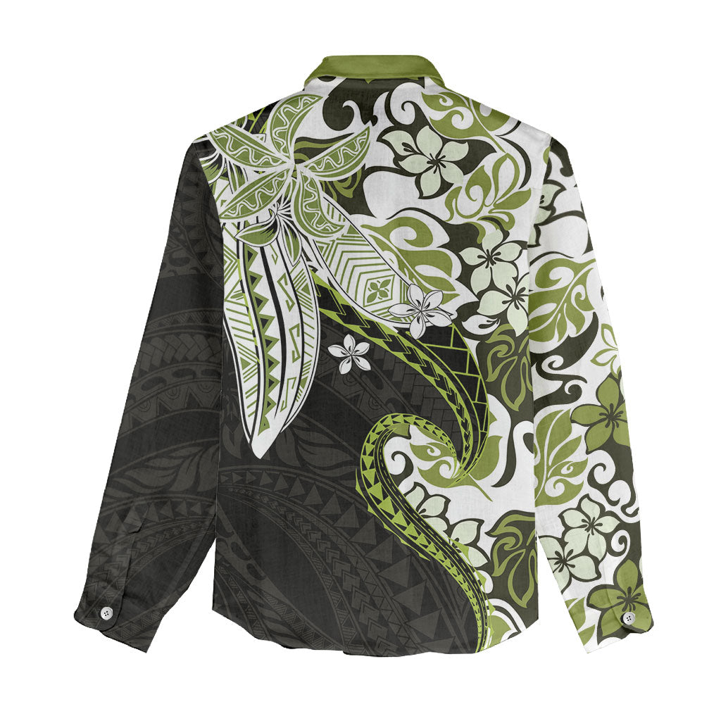 Monstera Plumeria Flowers Olive Green Women Casual Shirt Polynesian Pattern LT01 - Polynesian Pride
