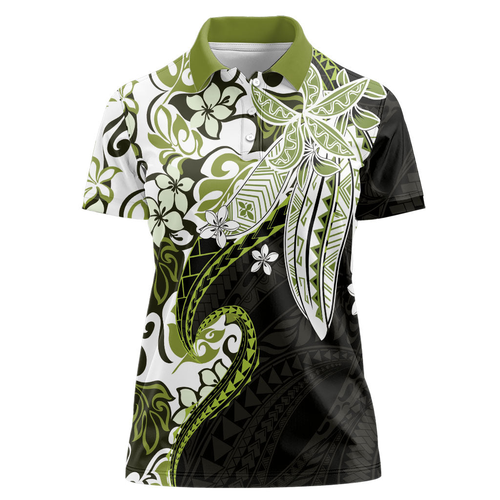 Monstera Plumeria Flowers Olive Green Women Polo Shirt Polynesian Pattern LT01 Female Green - Polynesian Pride