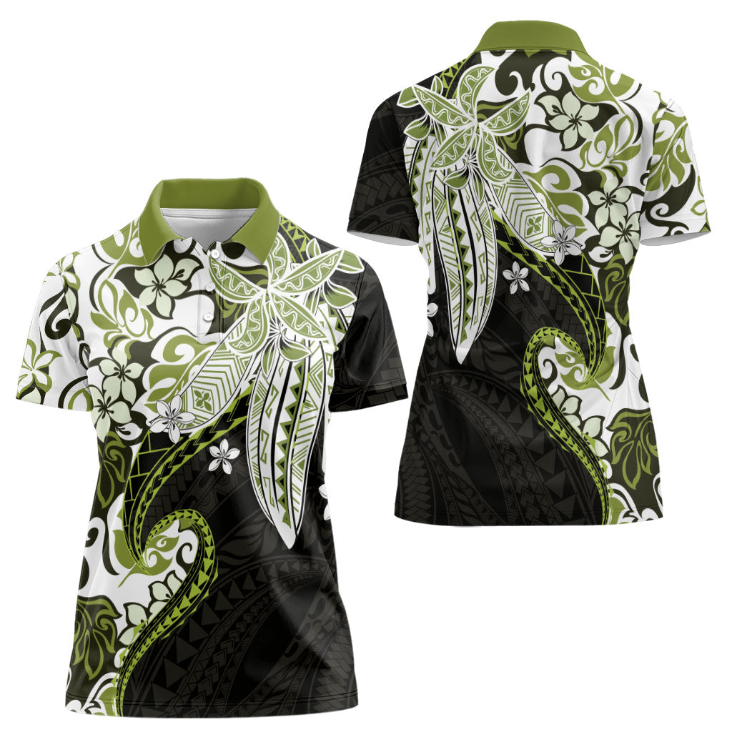 Monstera Plumeria Flowers Olive Green Women Polo Shirt Polynesian Pattern LT01 - Polynesian Pride